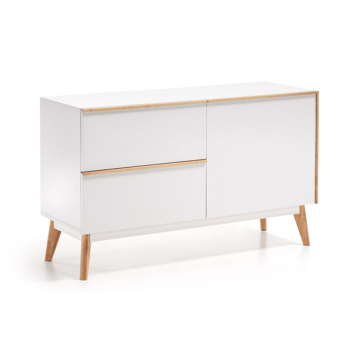 Credenza Melan 1 anta e 2 cassetti laccata bianca e legno massello di caucciù 120 x 72 cm