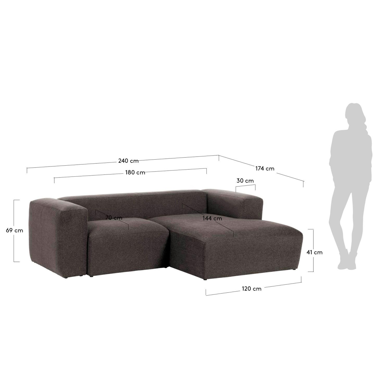 Divano Blok 2 posti chaise longue destro grigio 240 cm KAVE HOME