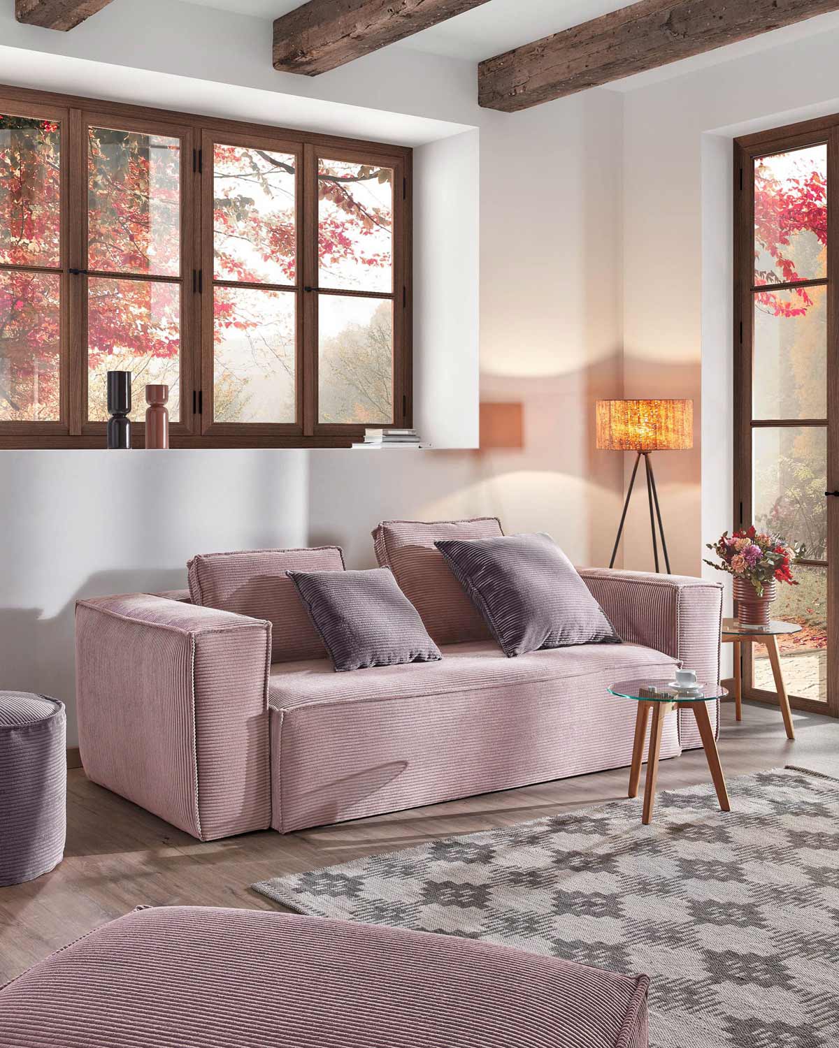 Divano Blok 2 posti con chaise longue destra in velluto a coste rosa