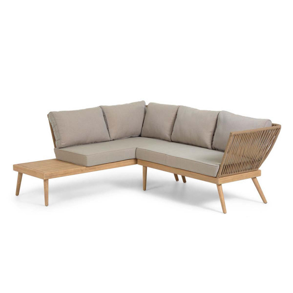 Divano angolare 3 posti Ramson in legno massello di eucalipto e corda beige 180 x 180 cm