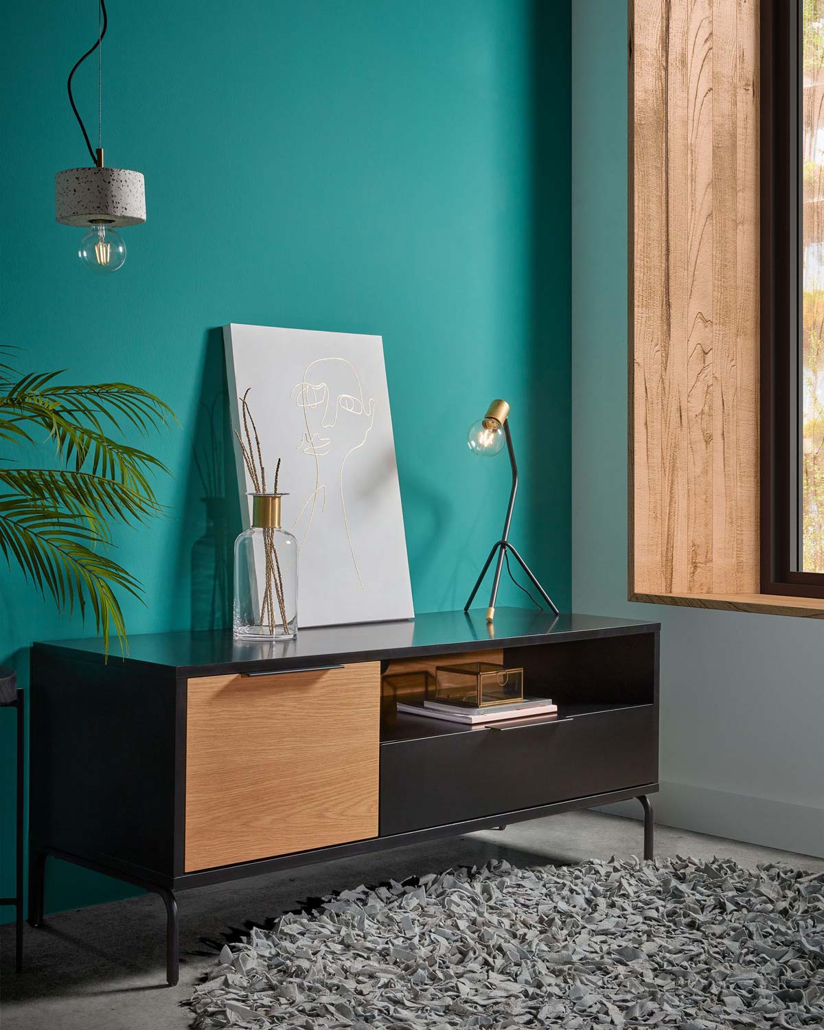 Mobile TV Savoi 1 anta in MDF laccato nero e acciaio verniciato nero