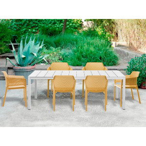 Set tavolo Rio 140 Extensible Bianco con 6 sedie Net Senape