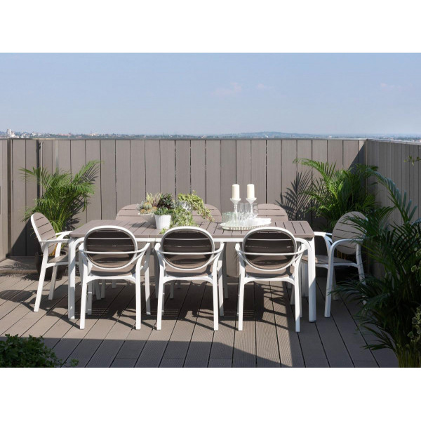 Set tavolo Alloro 210 Bianco/Tortora con 6 sedie Palma Bianco/Tortora
