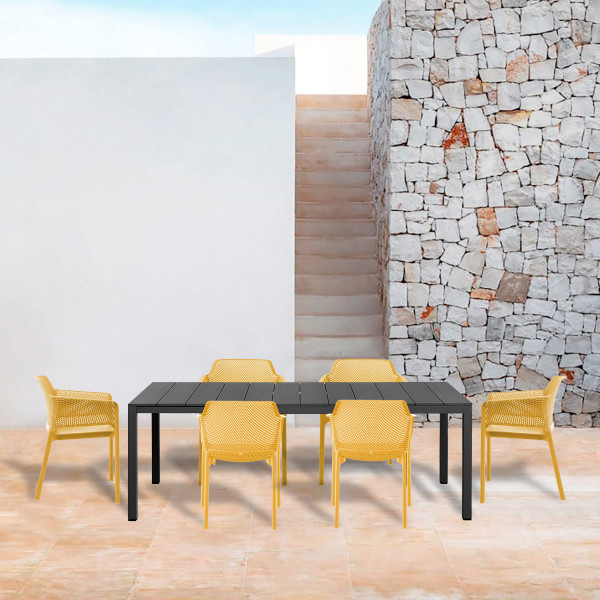 Set tavolo Rio 140 Extensible Antracite con 6 sedie Net Senape