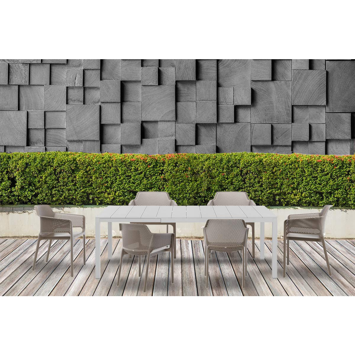 Set tavolo Rio 140 Extensible Bianco con 6 sedie Net Tortora