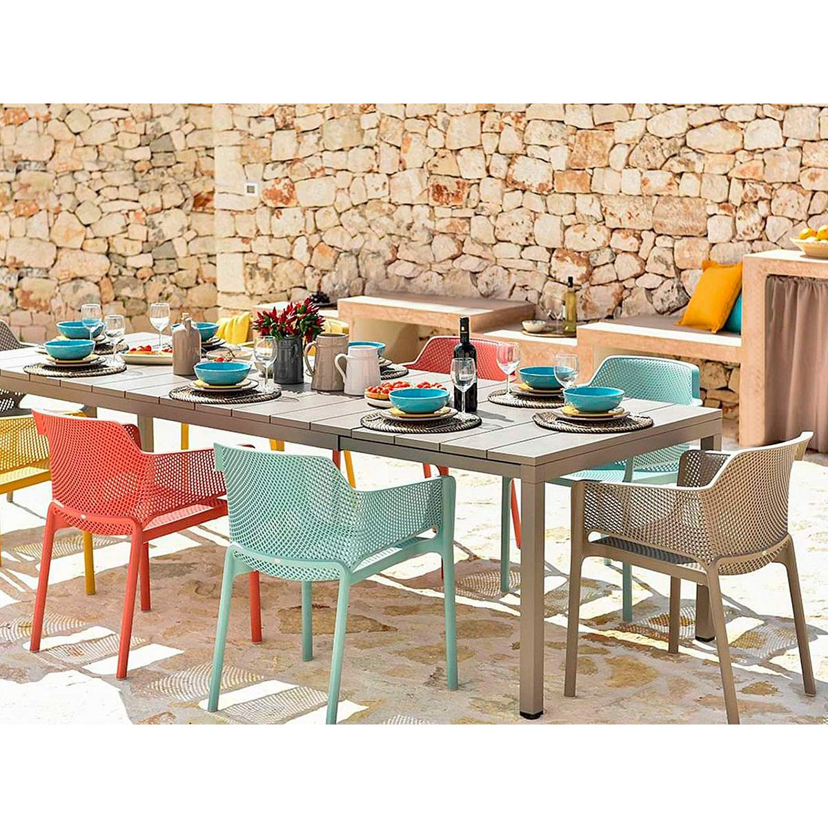 Set tavolo Rio 140 con 6 sedie Net Multicolor