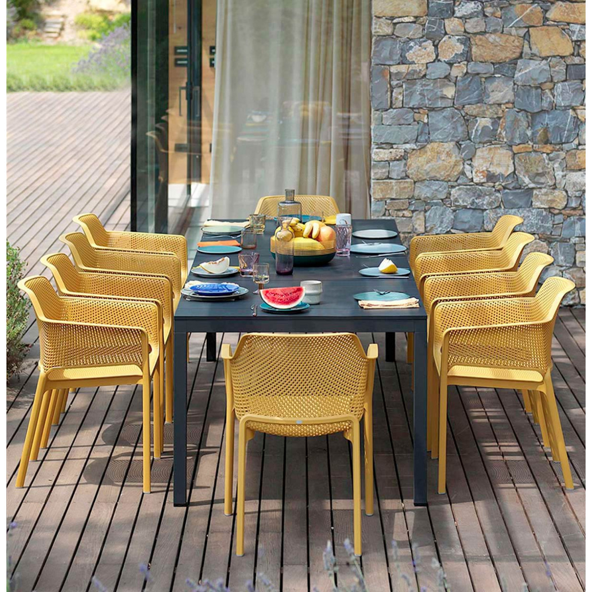 Set tavolo Rio 210 Extensible Antracite con 6 sedie Net Senape