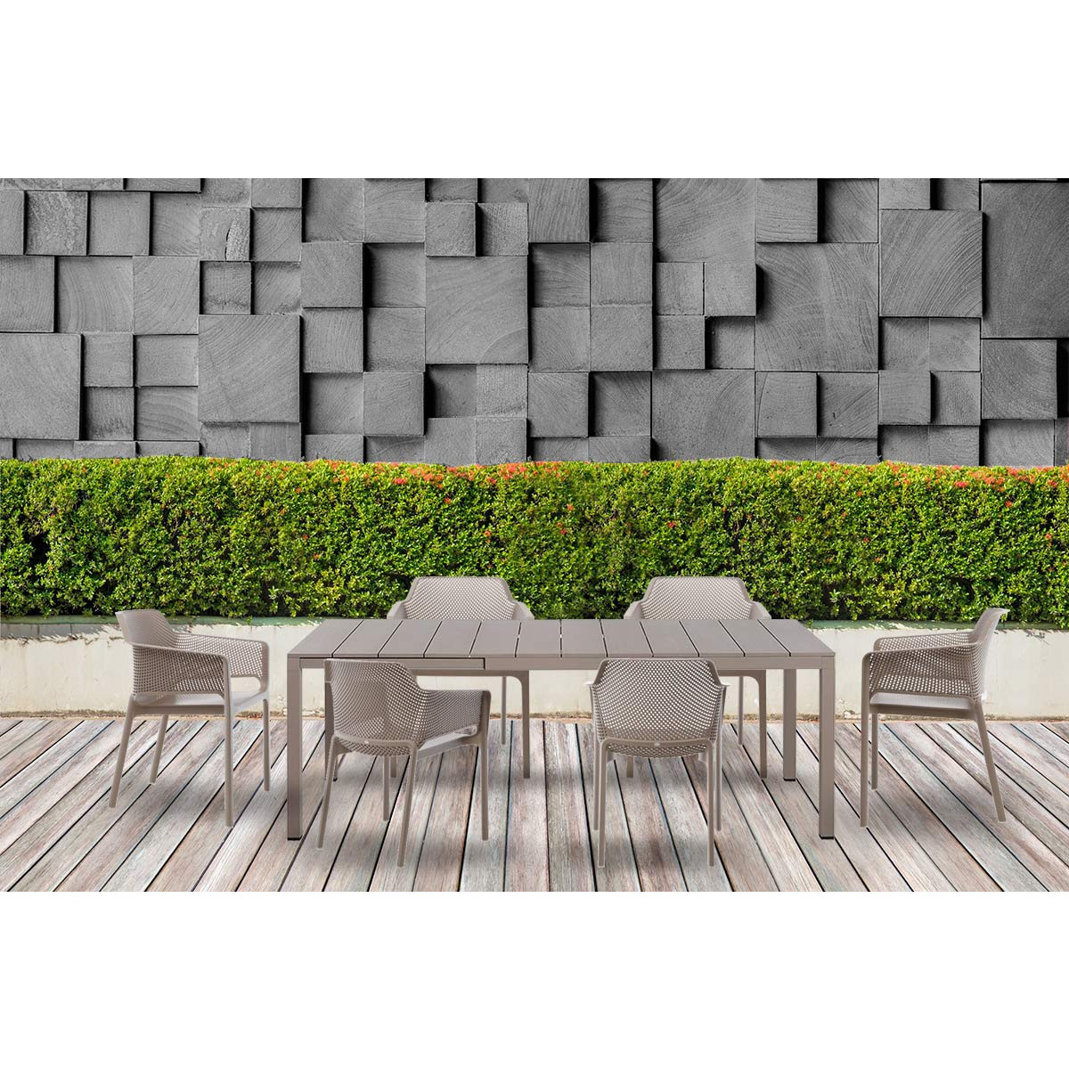 Set tavolo Rio 140 Extensible Tortora con 6 sedie Net Tortora